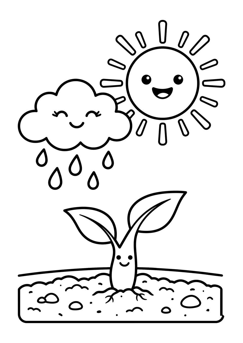 Ilustración en blanco y negro de un sol sonriente y una nube de lluvia amigable sobre un pequeño brote de planta que crece en la tierra.