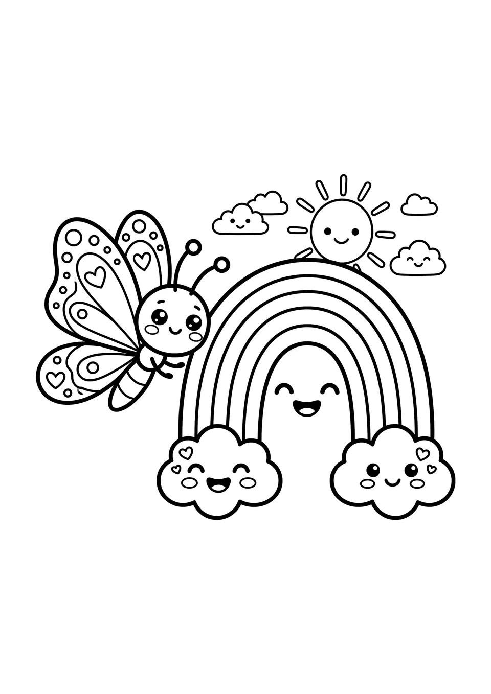 Uma borboleta fofa em desenho com olhos alegres voando perto de um arco-íris sorridente em um céu limpo, traços simples em preto e branco para colorir.