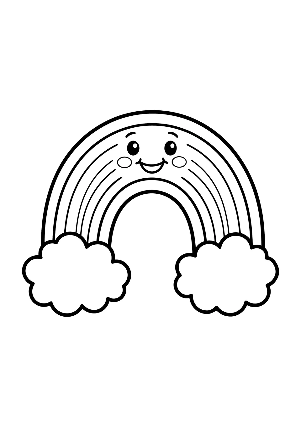 Um desenho bem simples para colorir de um lindo arco-íris sorridente com nuvens fofas de cada lado, com traços grossos para crianças pequenas.