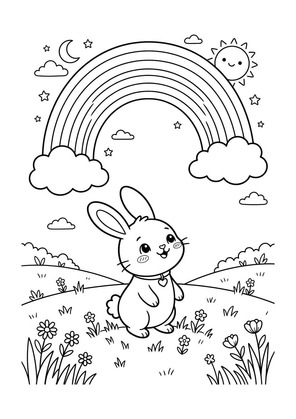 A cute kawaii-style printable coloring page of Pip the bunny looking up at a large rainbow in the sky, featuring bold black outlines and open spaces for kids can color.
