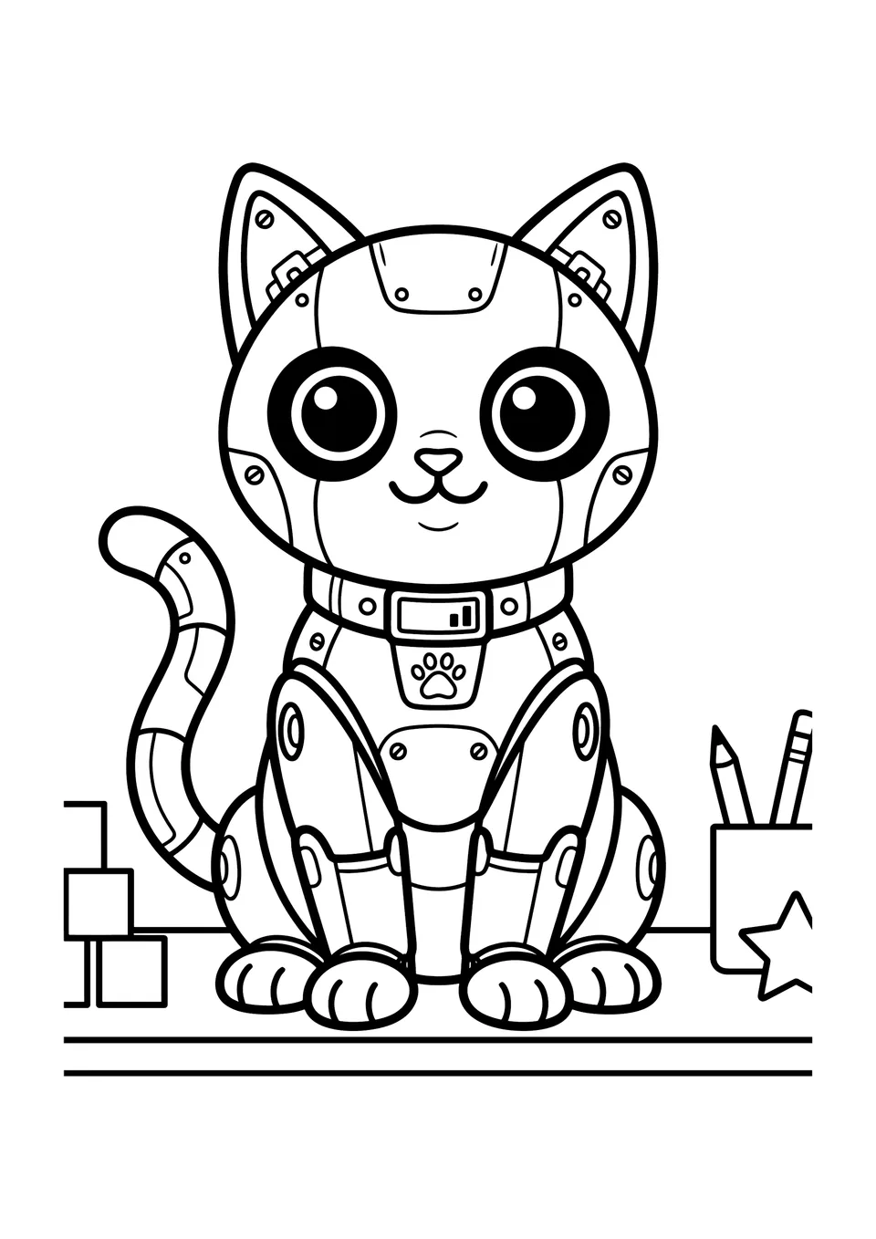 Um lindo desenho de gato-robô para imprimir e colorir, com traços pretos nítidos e espaços abertos para as crianças pintarem.