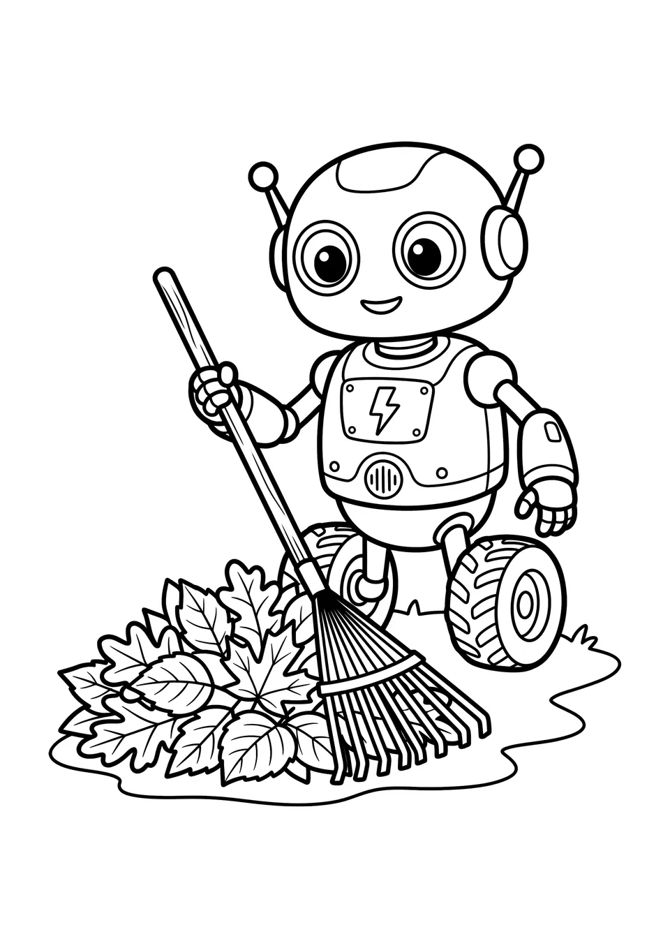 Desenho em preto e branco de traços simples de um simpático robô sobre rodas segurando um rastelo no quintal, perfeito para crianças colorirem.