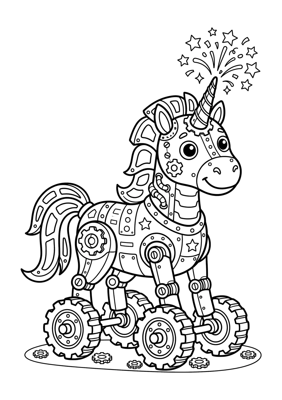 Um desenho simples para colorir mostrando um unicórnio robô engraçado com rodas e um chifre que solta estrelas e confetes.