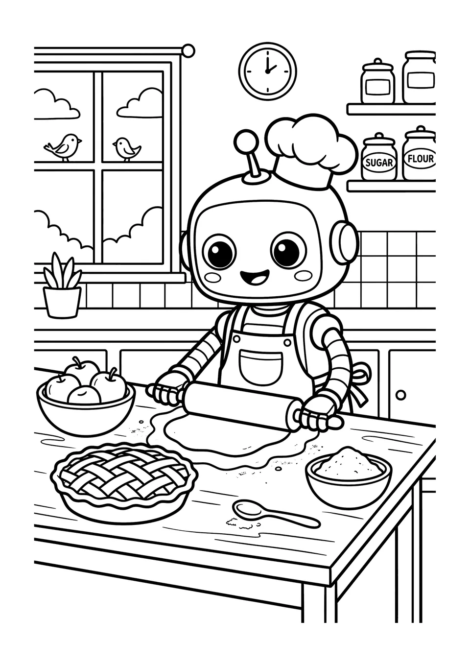 Desenho para colorir de um robô simpático de olhos grandes abrindo massa e assando uma torta de maçã em uma cozinha aconchegante.