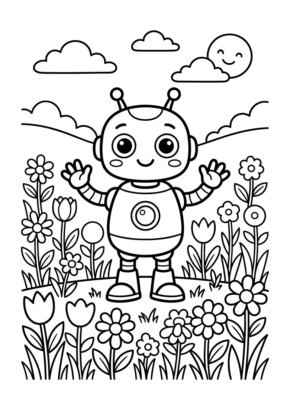 Desenho para colorir em preto e branco de um robozinho fofo com olhos grandes e redondos em um campo de flores ensolarado.