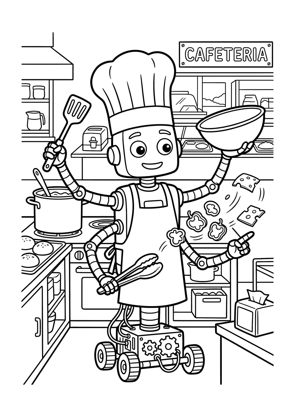 Desenho em preto e branco para colorir do Chef-O-Matic 5000, um simpático robô chef de seis braços usando chapéu de cozinheiro e jogando ingredientes na cozinha do refeitório da escola.