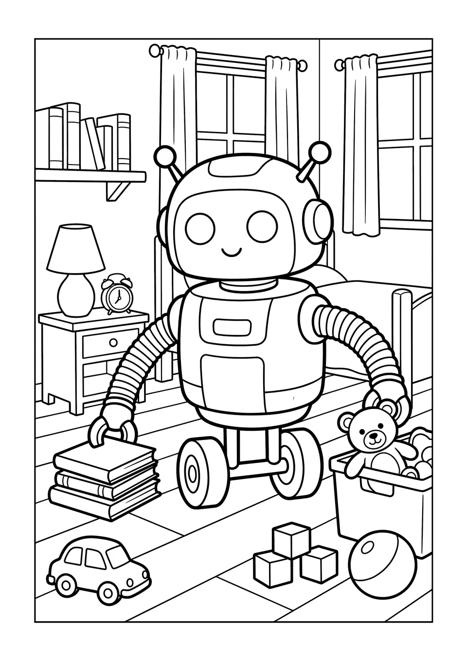 Desenho em preto e branco para imprimir e colorir de Barnaby, um robô doméstico simpático com rodas e braços de sanfona, arrumando o quarto de uma criança.