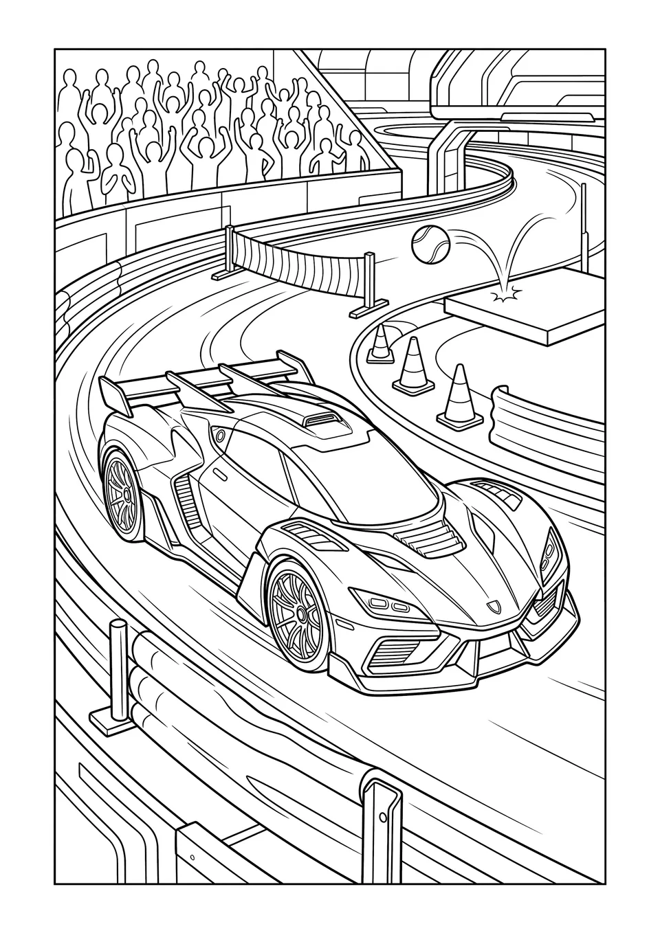 Desenho detalhado em preto e branco de um carro de corrida robô moderno percorrendo uma pista com obstáculos, pronto para colorir.