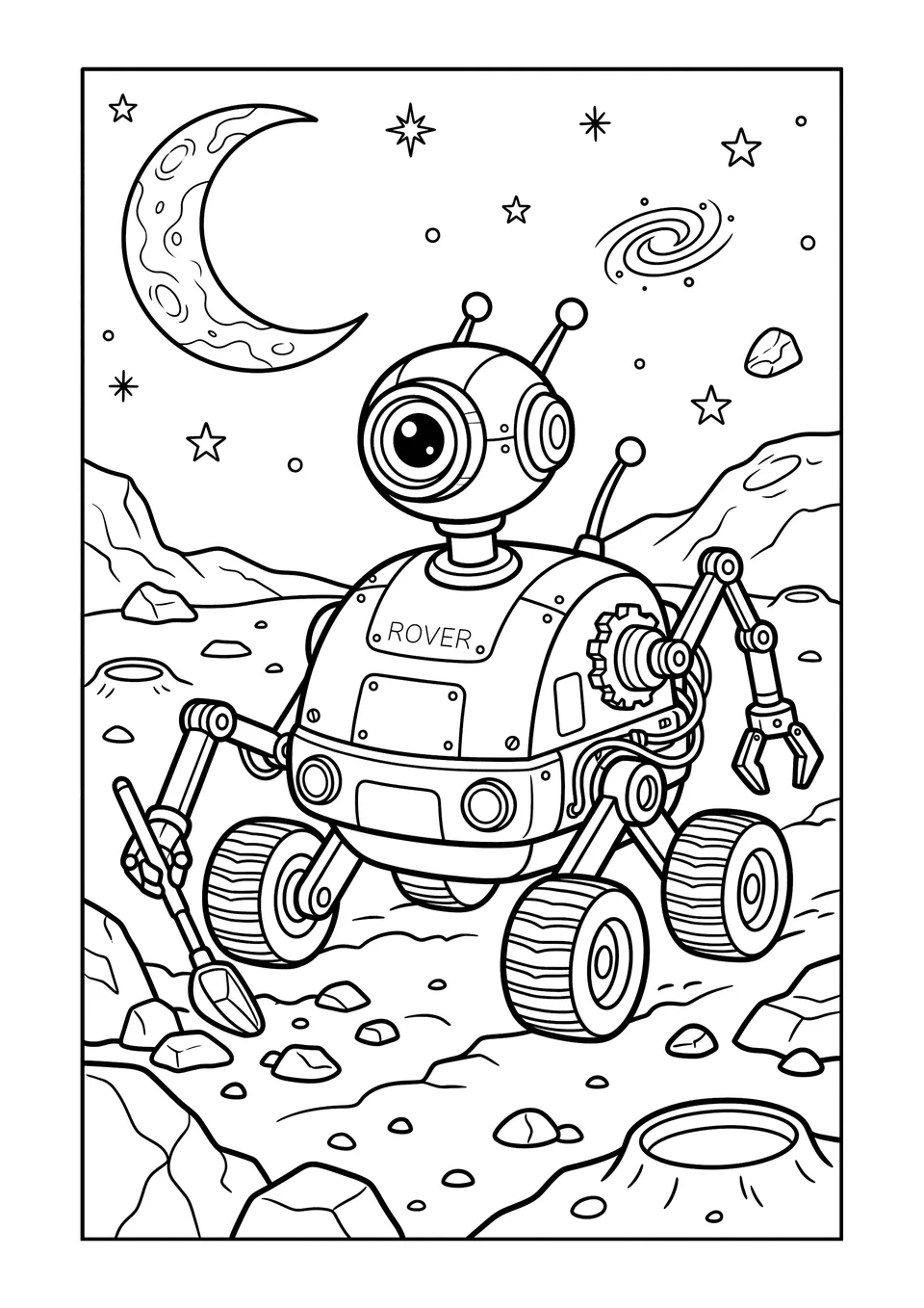 Desenho para colorir em preto e branco de um simpático robô rover espacial explorando a superfície rochosa de um planeta alienígena com estrelas no céu.