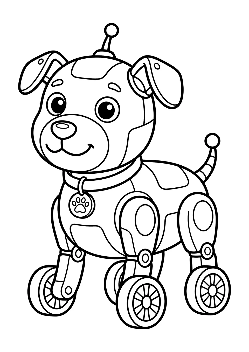 Desenho em preto e branco de um lindo cachorro-robô com rodinhas nas patas, pronto para colorir.