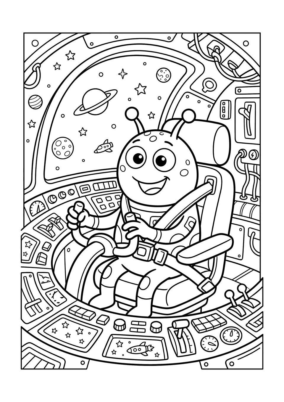 A black and white line art coloring page of a silly three-fingered alien piloting a spaceship with a view of space through a large window.
