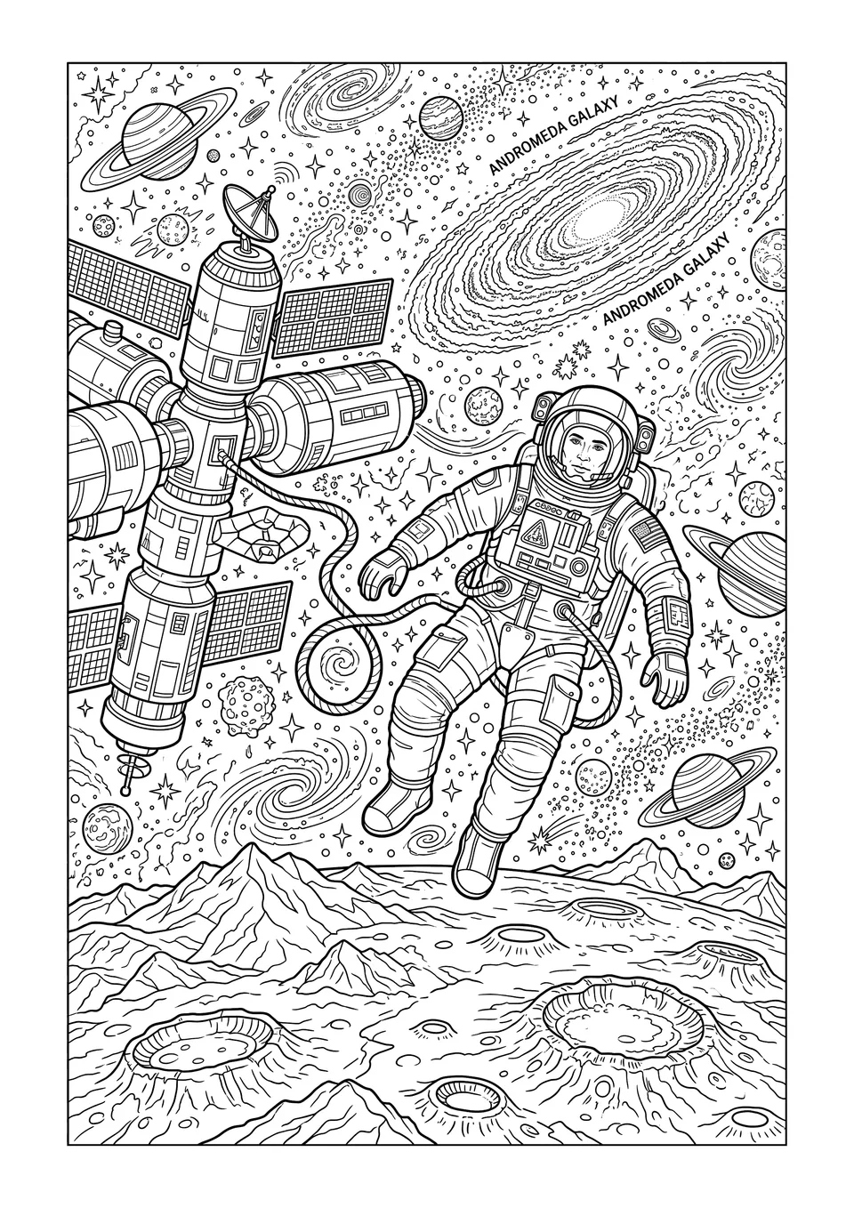Um desenho detalhado em preto e branco para imprimir e colorir, mostrando um astronauta flutuando no espaço com estrelas, uma estação espacial e a superfície da Lua ao fundo.