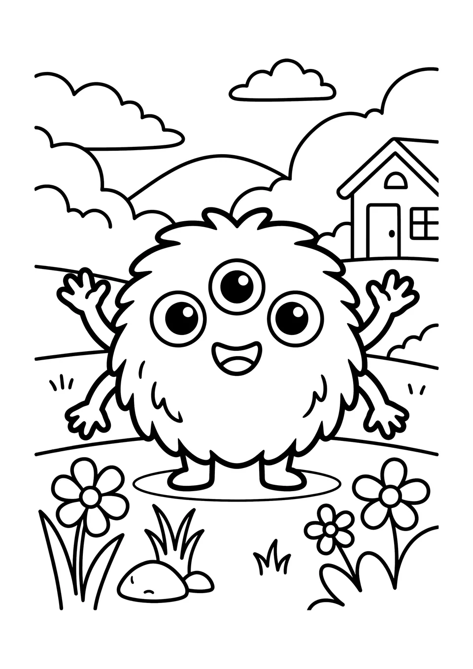 A simple, thick-lined coloring page of a cute, round kawaii alien with three eyes and four arms.