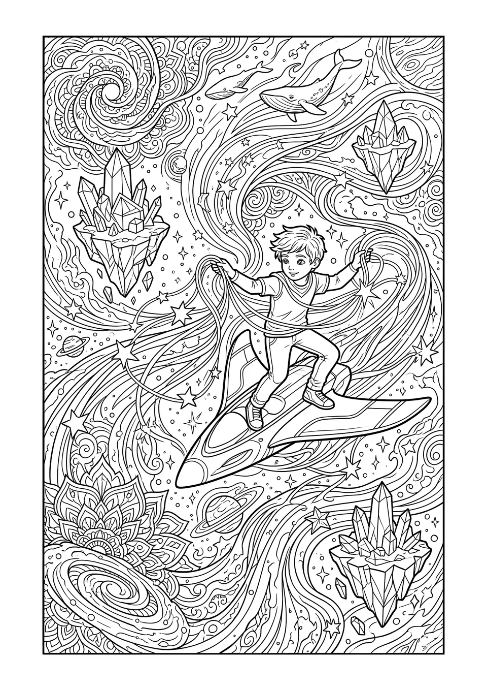 Desenho detalhado para colorir em preto e branco para crianças mostrando um personagem em um planador espacial tecendo fios entre estrelas em uma galáxia mágica cheia de mandalas.