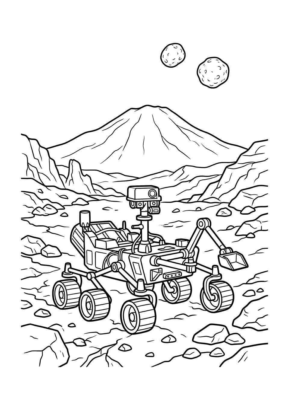 A black and white line art coloring page of the Mars surface featuring a robotic rover, a large mountain, and two small potato-shaped moons.