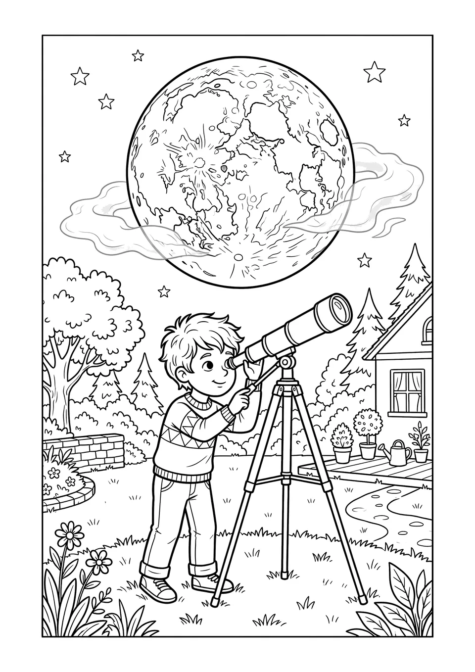 Uma página para imprimir com desenho de linhas em preto e branco mostrando um garoto usando um telescópio para observar uma lua grande e detalhada com crateras visíveis.