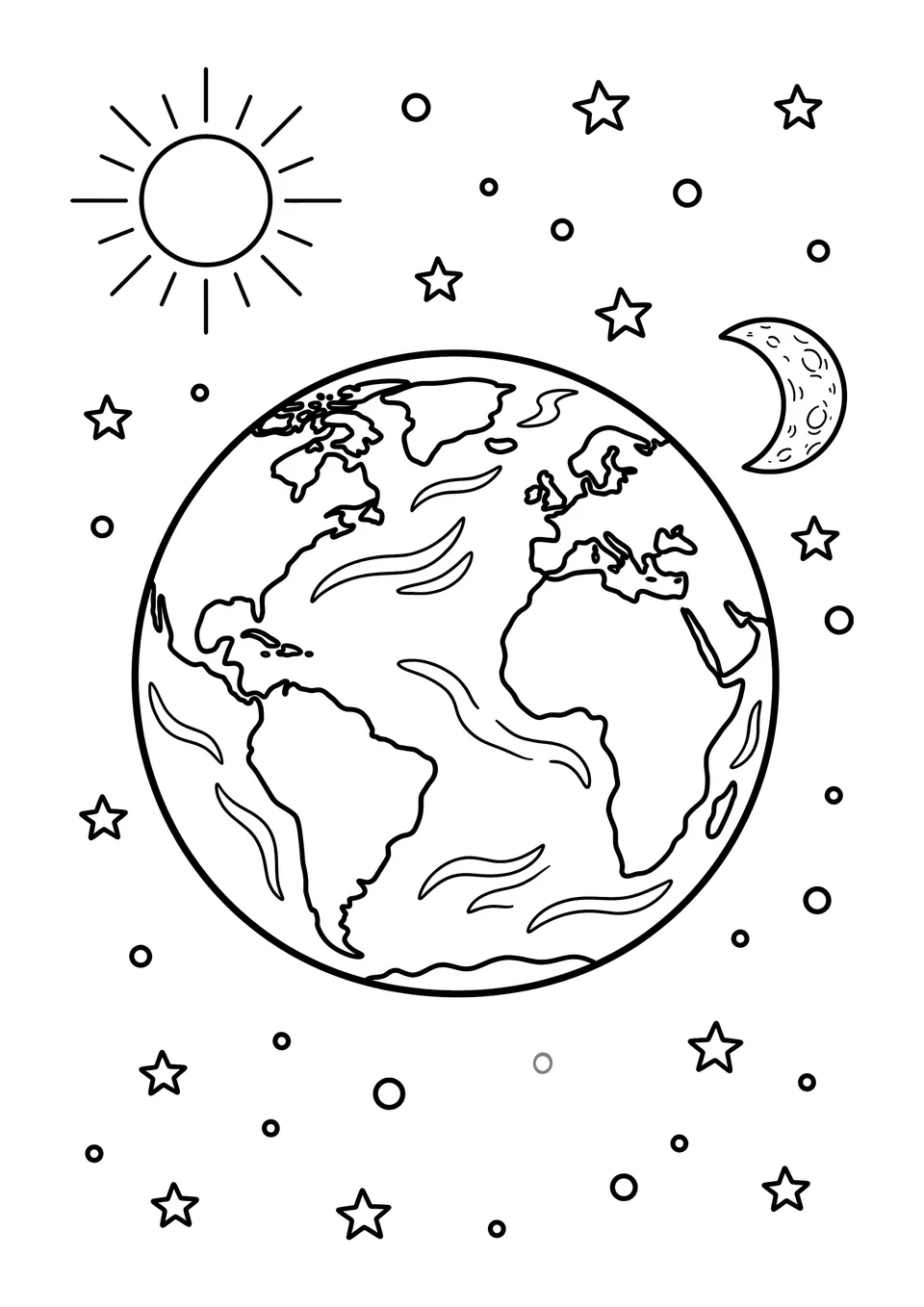 Desenho simples em preto e branco para colorir com o planeta Terra, a Lua e o Sol no espaço com estrelas.