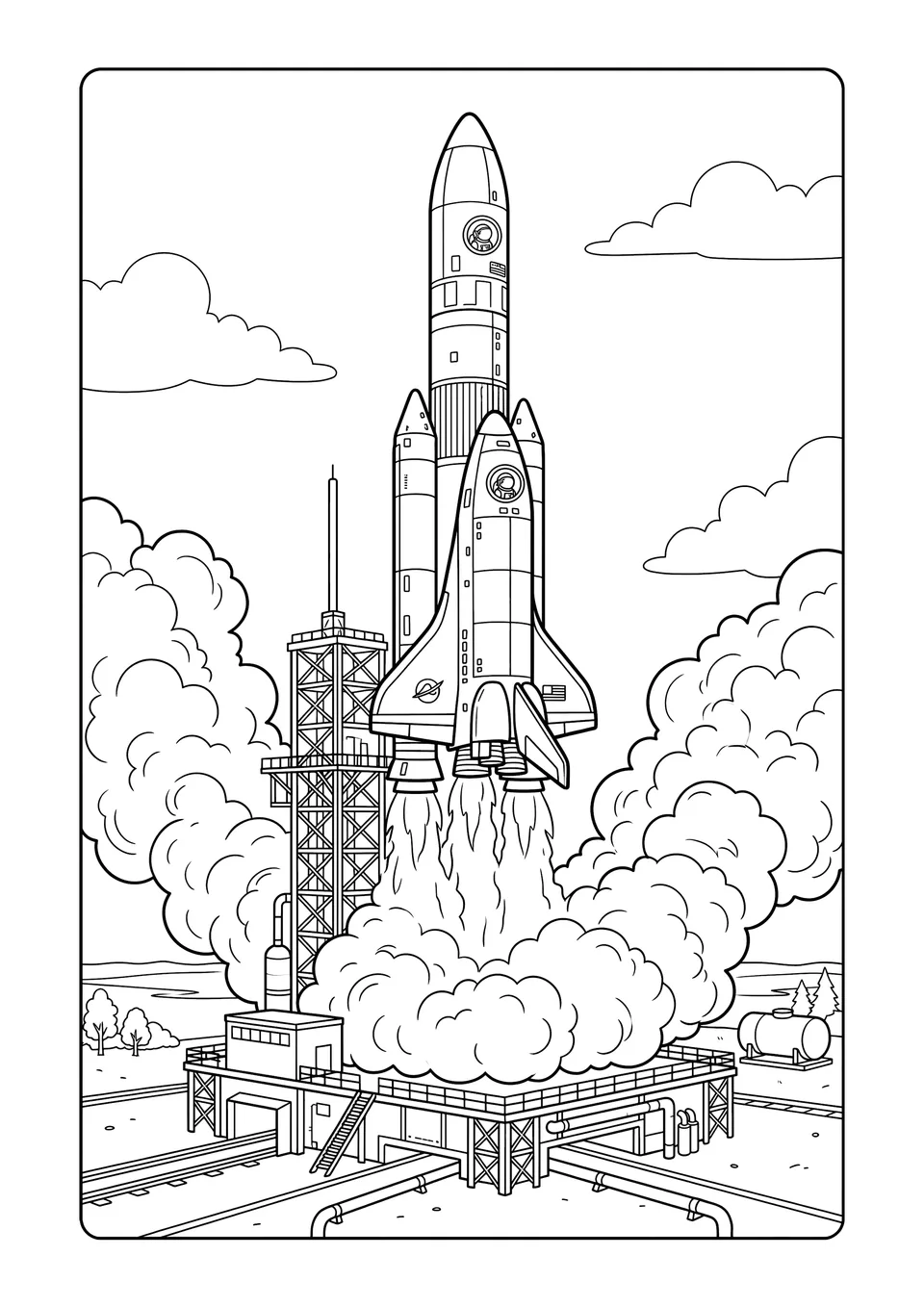 A black and white line art drawing of a large rocket blasting off from its launchpad with massive clouds of smoke at the base.