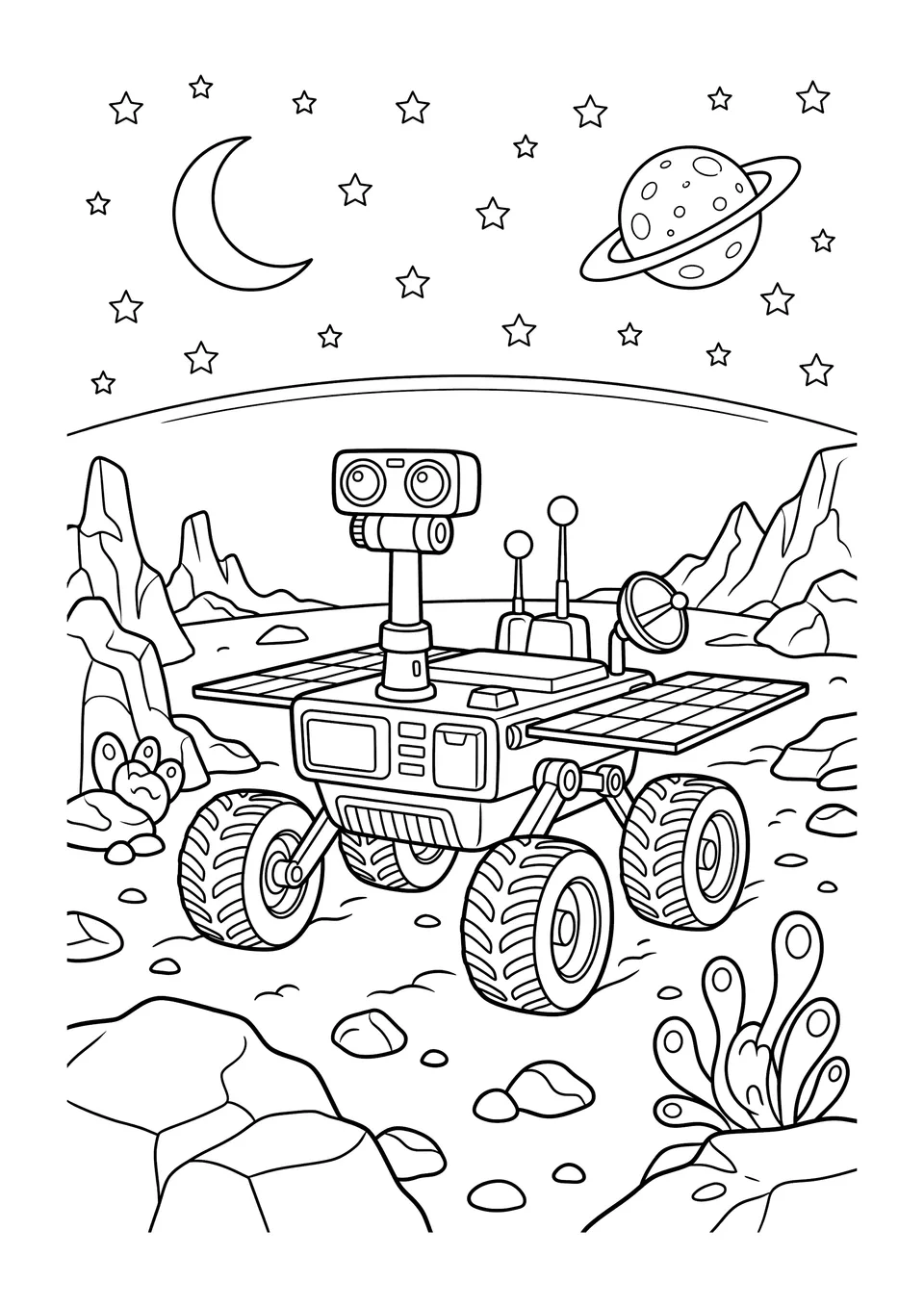 A black and white line art drawing of a futuristic space rover robot on the surface of a rocky planet with a starry sky in the background.