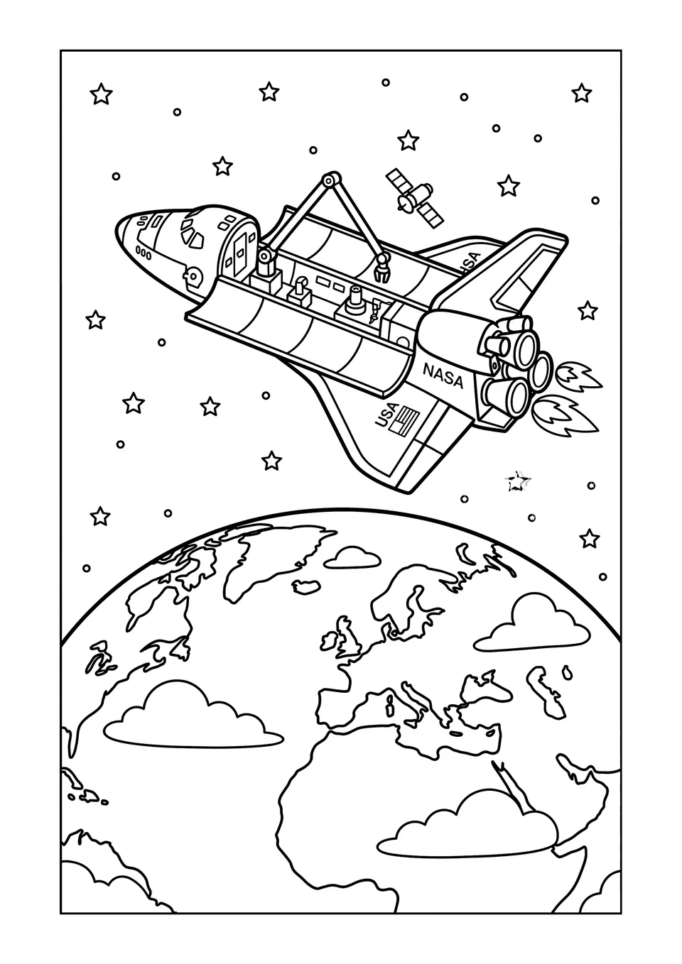 A black and white line art drawing of a Space Shuttle orbiting Earth with its cargo bay open, designed for coloring.