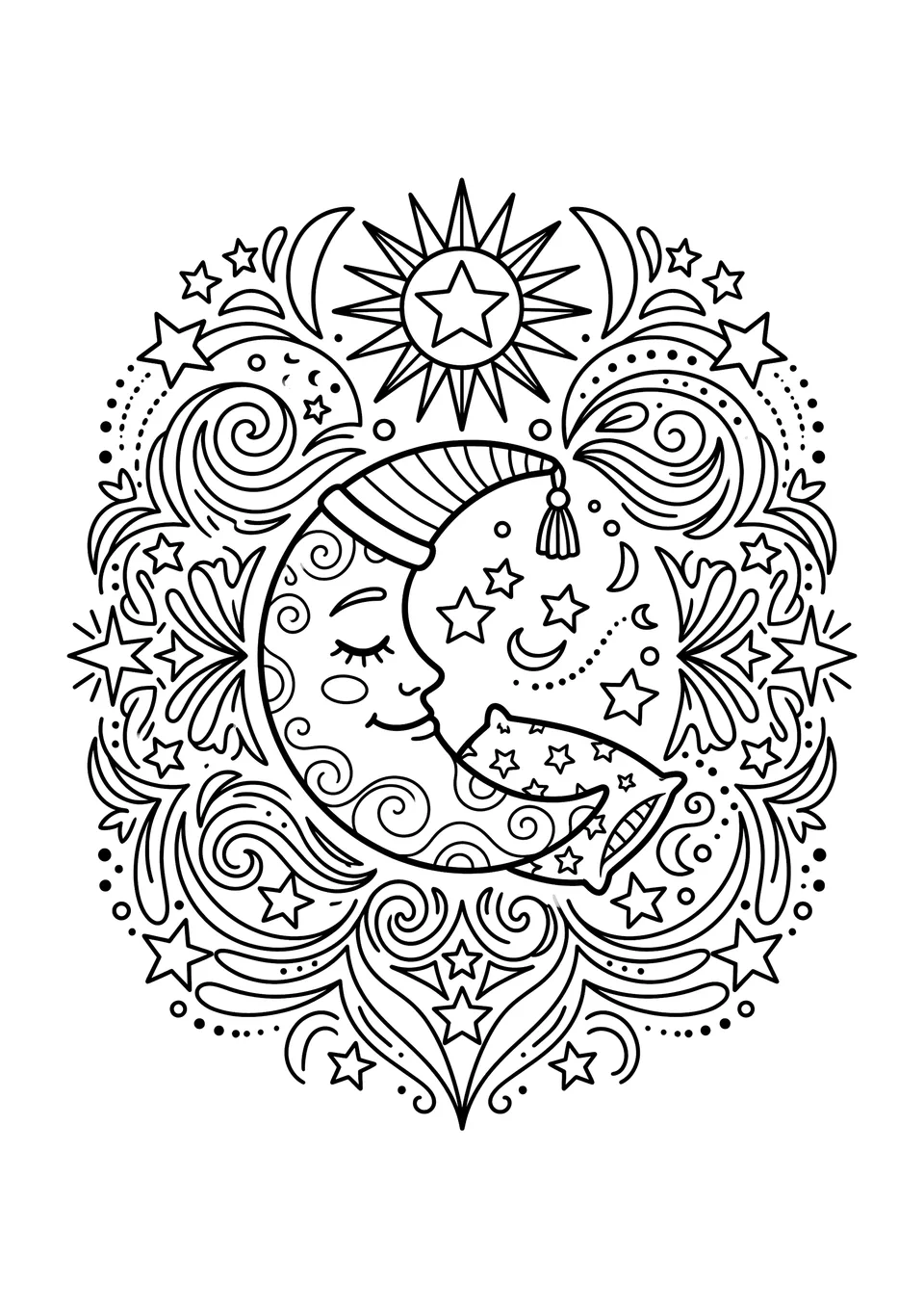 A black and white line art coloring page of a peaceful sleeping moon surrounded by stars in a mandala style.