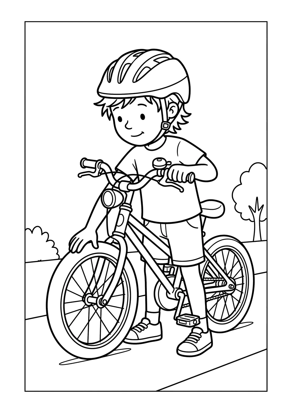 Desenho em preto e branco para colorir de uma criança usando capacete ao lado de uma bicicleta.