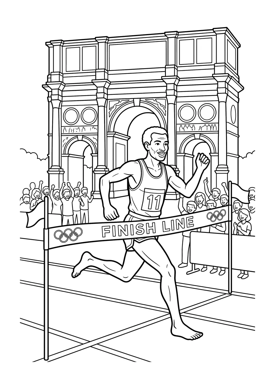 Desenho em preto e branco para colorir de Abebe Bikila cruzando a linha de chegada olímpica descalço em Roma, com o Arco de Constantino ao fundo.