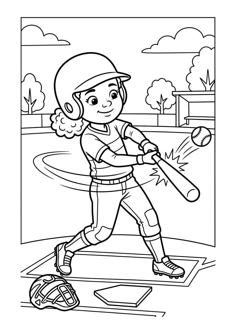 Desenho para colorir com traços em preto e branco de um jovem jogador de beisebol com capacete, rebatendo com o taco no home plate.