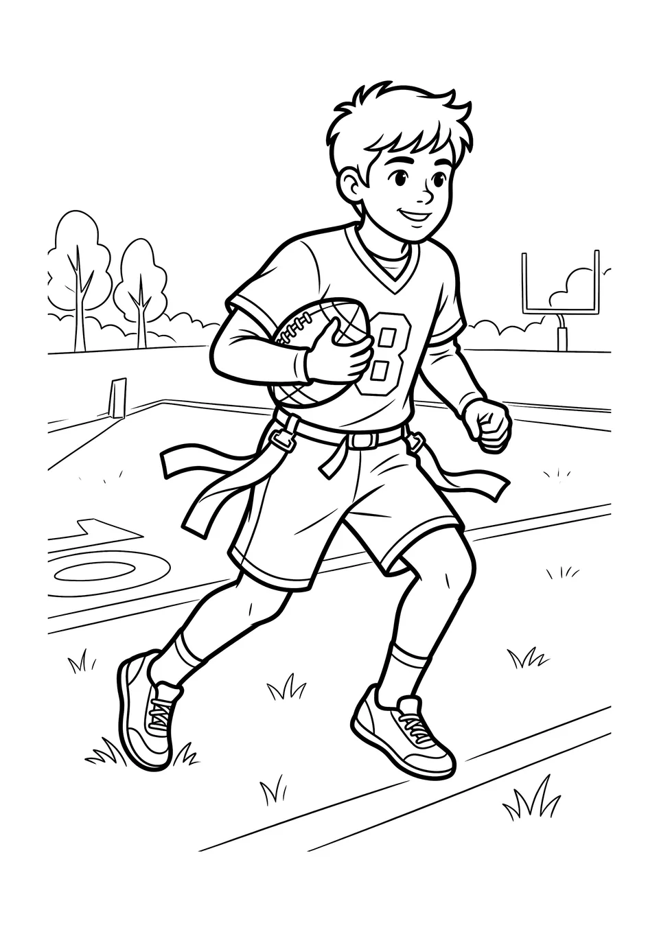 Desenho em preto e branco de um jovem jogador correndo com uma bola de futebol americano e usando fitas na cintura, pronto para colorir.