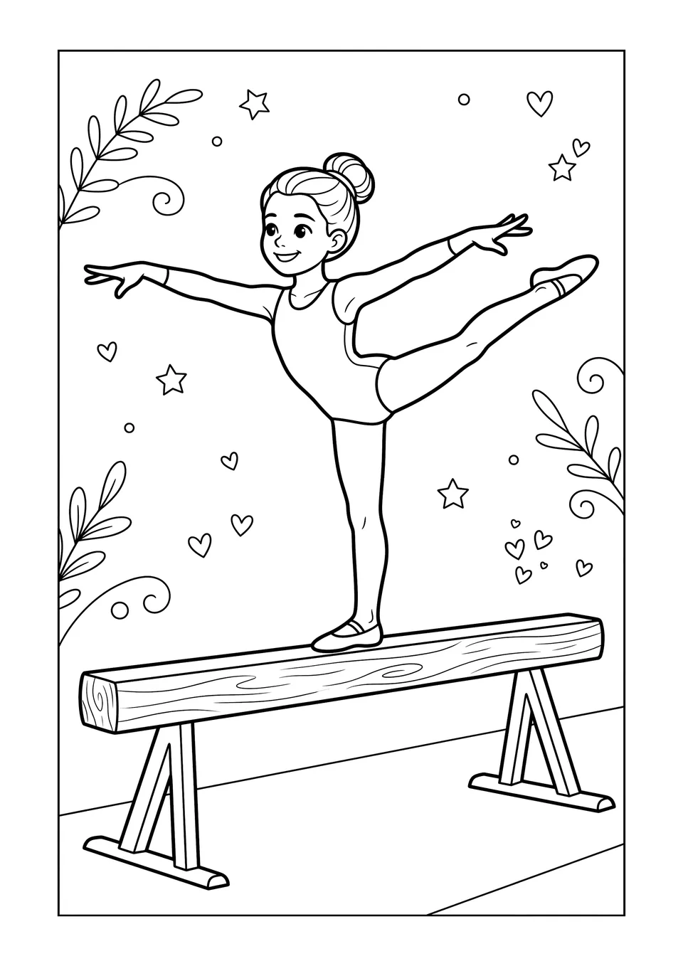 Desenho em preto e branco de uma ginasta realizando uma postura de equilíbrio na trave de equilíbrio da ginástica, pronta para colorir.