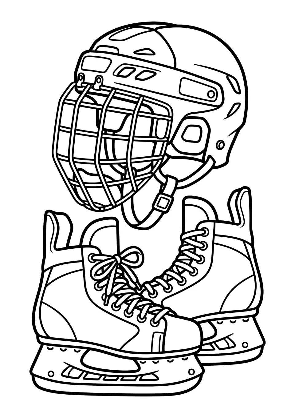 Desenho em preto e branco para colorir de um capacete de hóquei no gelo e um par de patins em fundo branco.
