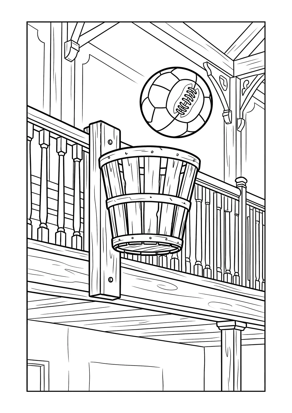 Desenho para colorir em traço preto e branco mostrando um cesto de madeira vintage pregado no parapeito de um ginásio e uma bola de futebol retrô voando em direção a ele.