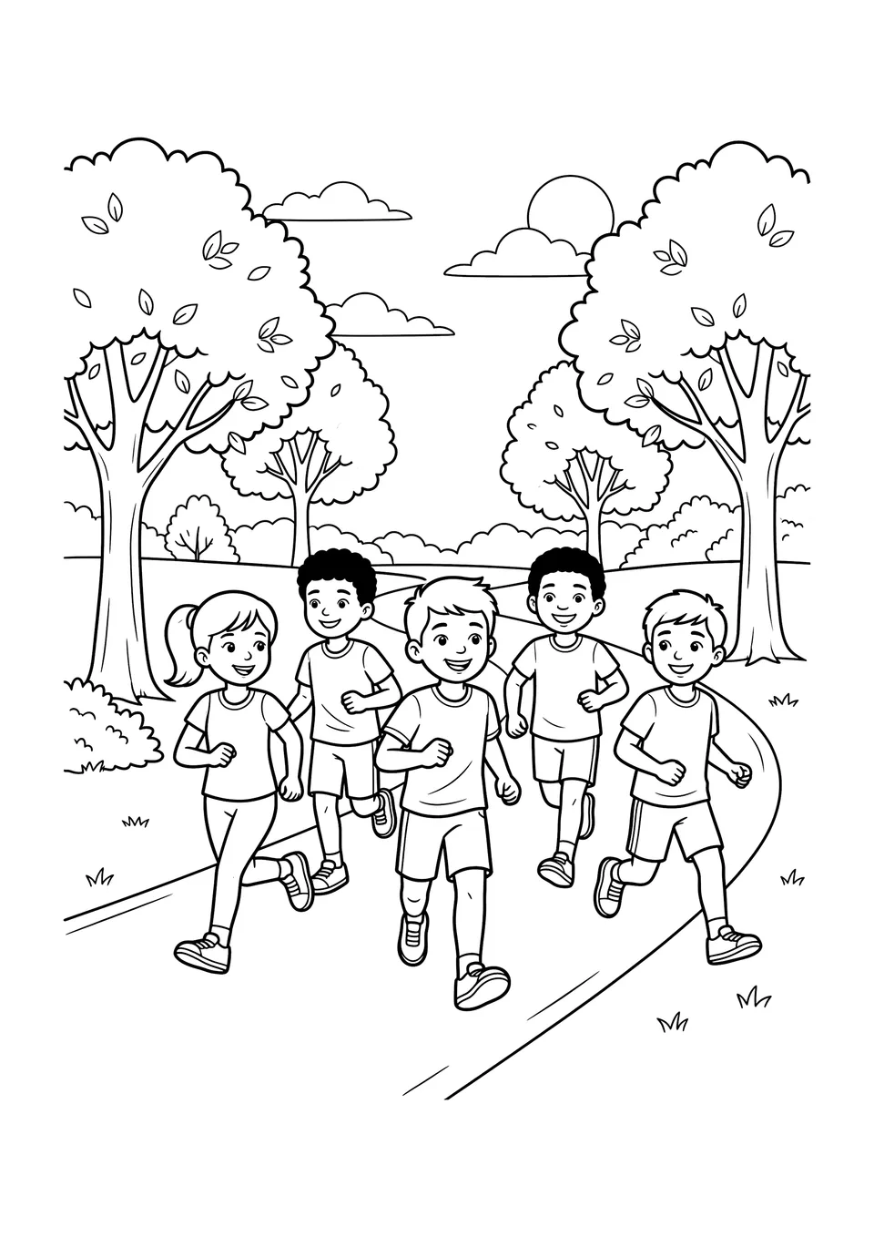 Um desenho em preto e branco com traços nítidos de um grupo diverso de adolescentes correndo juntos por um caminho sinuoso em um parque ensolarado e arborizado.