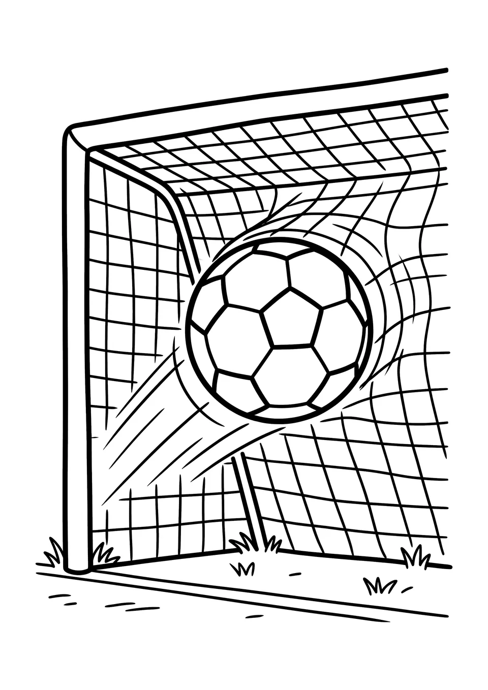 Desenho para colorir mostrando uma bola de futebol clássica entrando no gol com rede, com contornos nítidos em preto e branco.