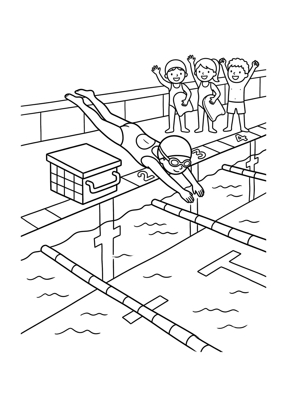 Desenho para colorir em traços pretos e brancos mostrando um nadador saltando do bloco de partida na piscina durante uma prova de revezamento.
