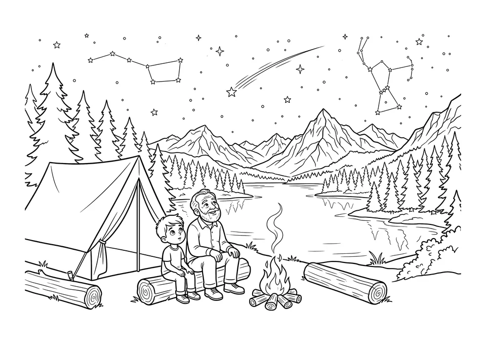 Um desenho detalhado em preto e branco de um menino e seu avô observando as estrelas perto de uma fogueira e uma barraca ao lado de um lago na montanha.