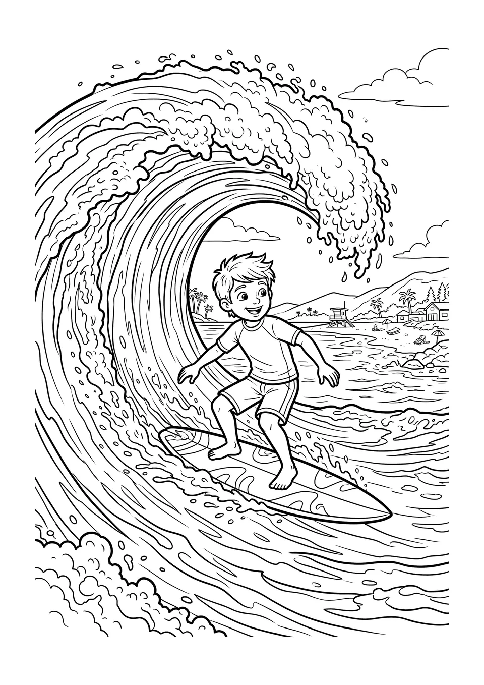 Um desenho detalhado em preto e branco de um menino equilibrando-se em uma prancha enquanto surfa uma grande onda que quebra no oceano.