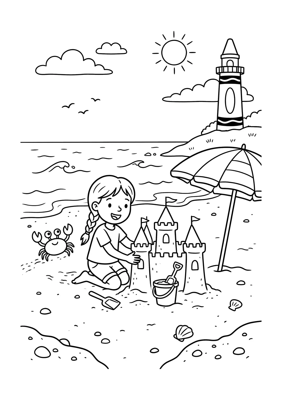 Um desenho para colorir em preto e branco para crianças mostrando uma menina chamada Emma construindo um castelo de areia na praia com um caranguejo engraçado e um farol ao fundo.