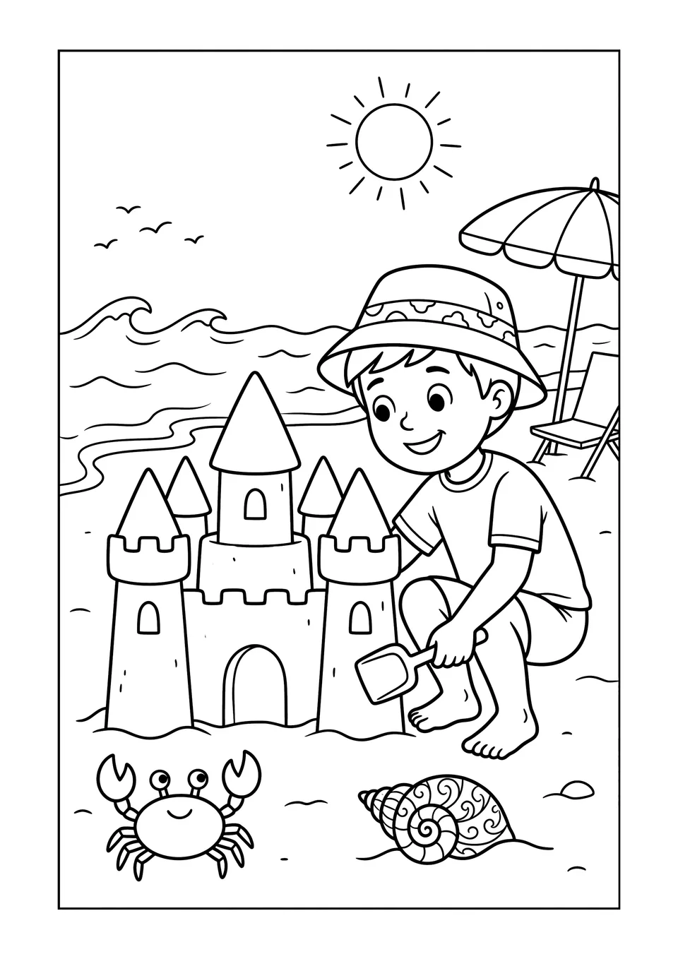 Desenho em preto e branco para colorir de um menino construindo um castelo de areia na praia com um caranguejo e uma bola por perto.