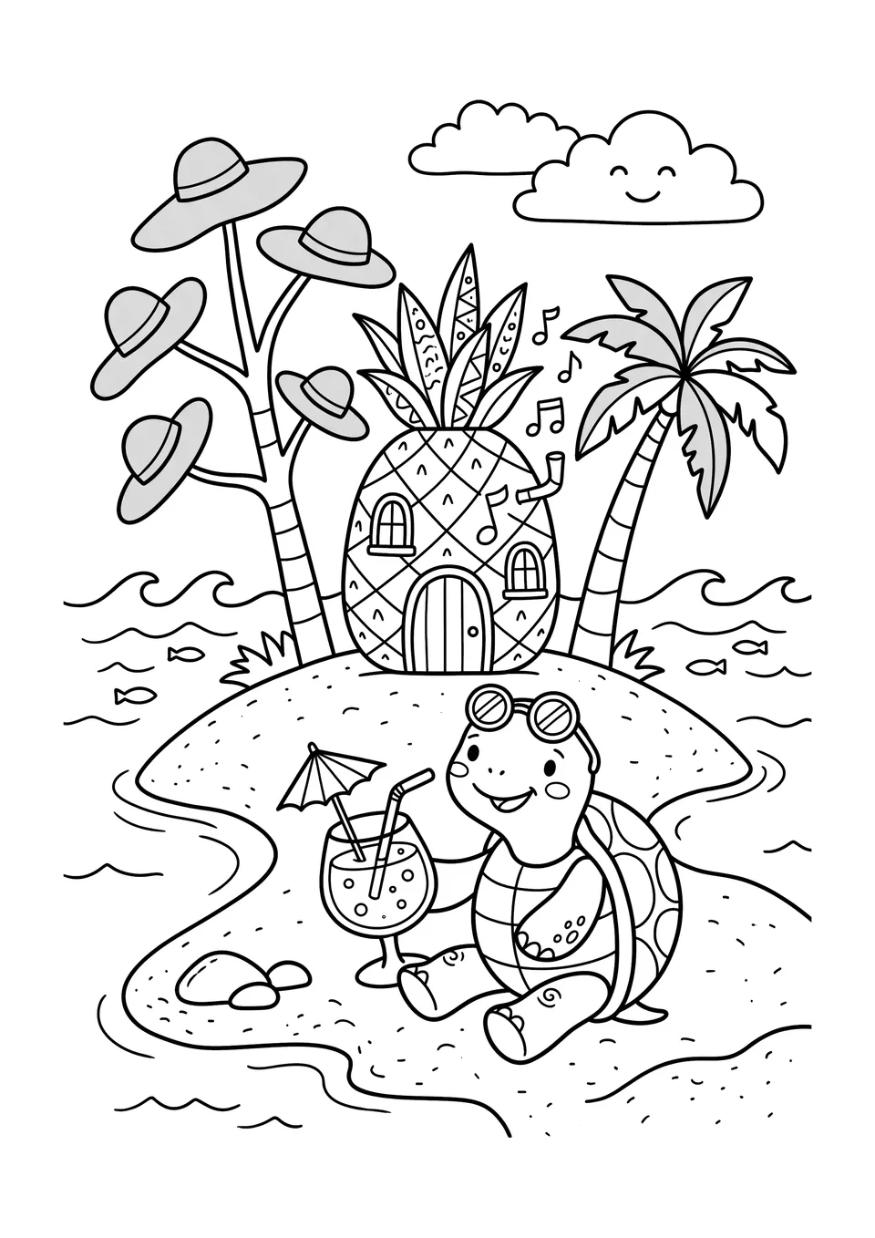 Desenho para colorir em preto e branco para crianças mostrando uma ilha tropical divertida com uma tartaruga de óculos de sol bebendo um suco perto de uma casa de abacaxi.