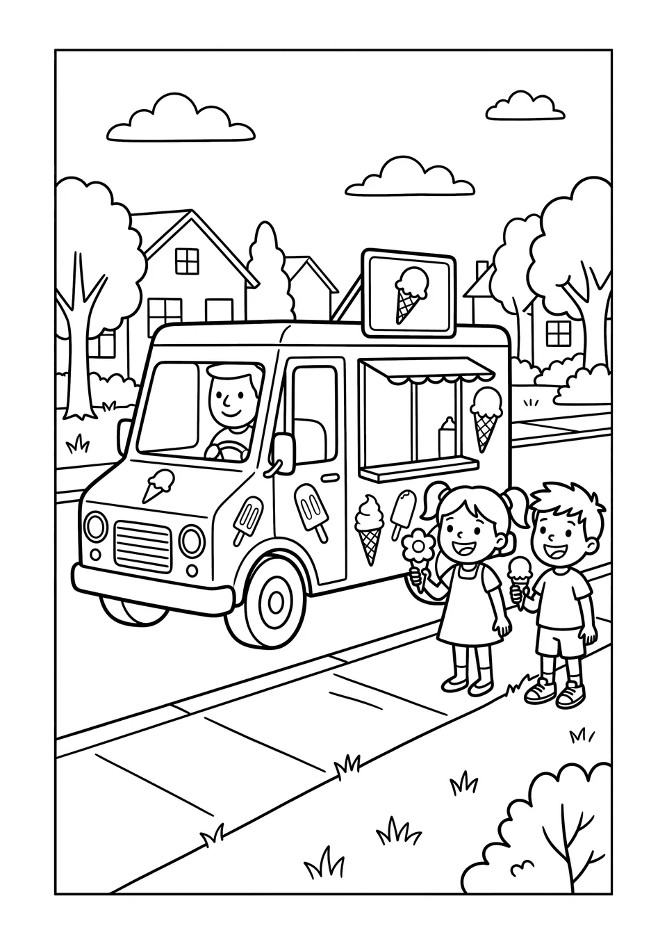 Um desenho simples em preto e branco para colorir com um caminhão de sorvete em uma rua ensolarada e duas crianças felizes esperando por guloseimas.