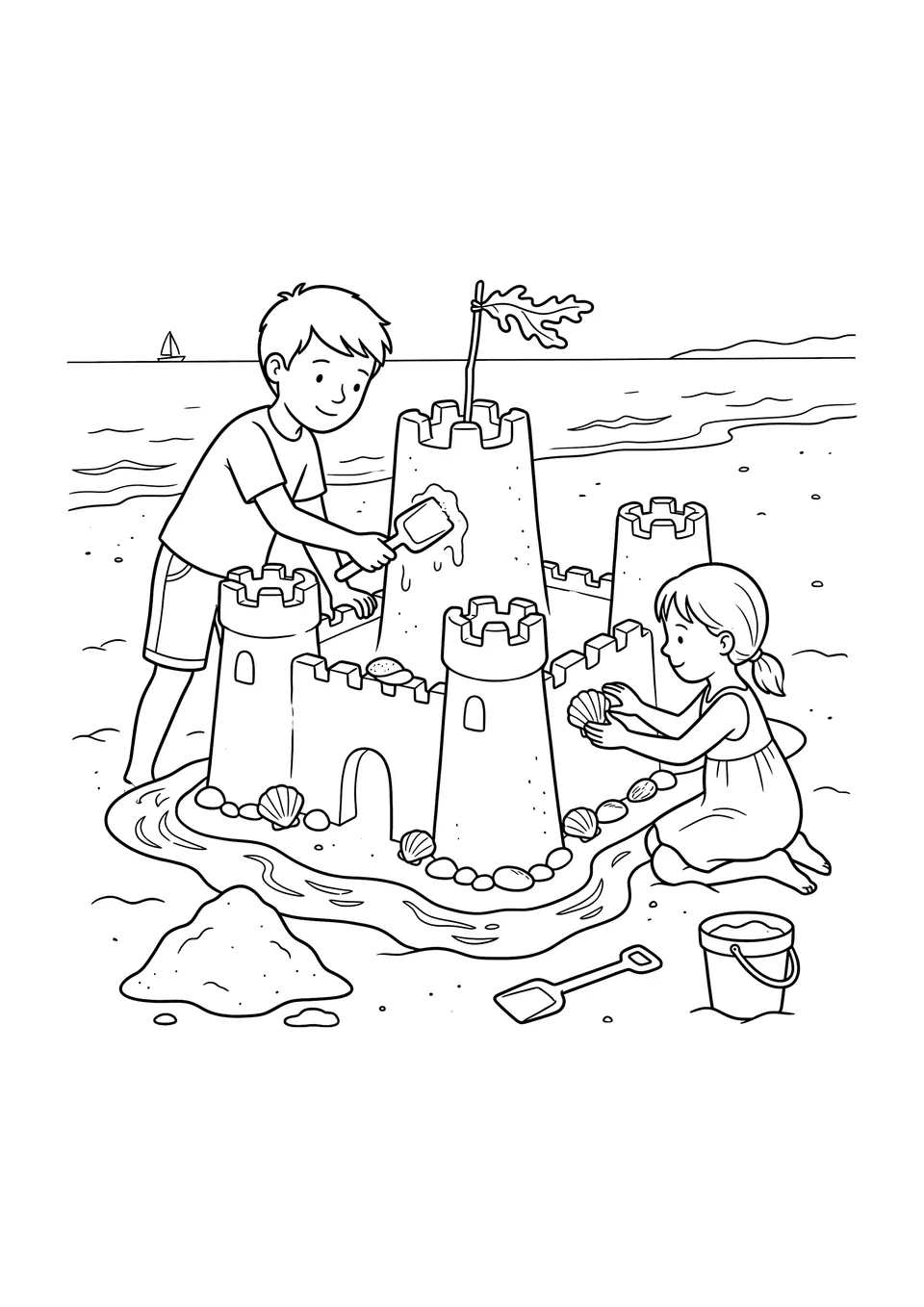 Uma ilustração em preto e branco para colorir mostrando um menino e uma menina construindo um grande castelo de areia com torres e um fosso em uma praia ensolarada.
