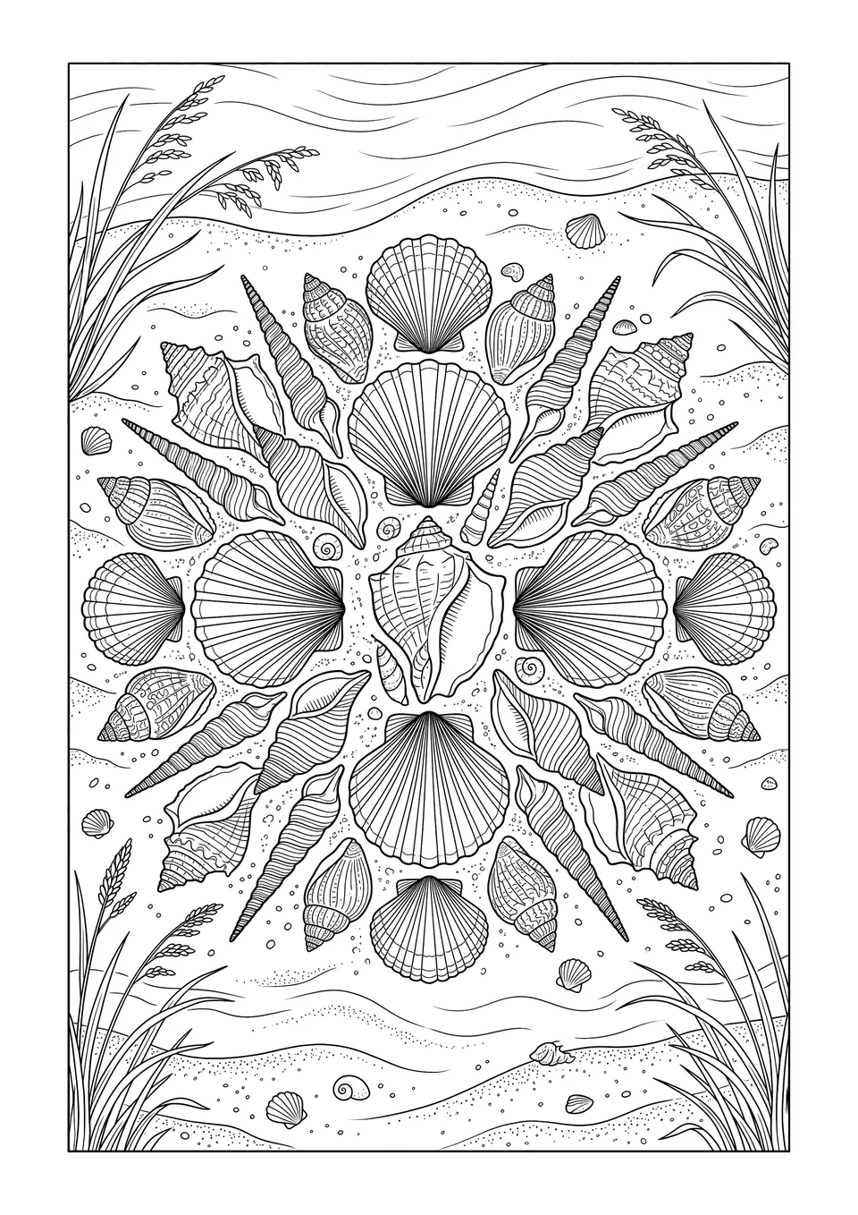 Uma página de colorir detalhada em arte linear preto e branco de várias conchas do mar, como vieiras e búzios, organizadas em um lindo padrão de mandala na praia.