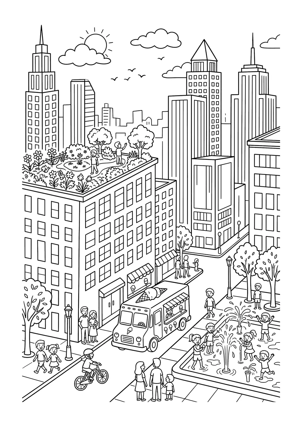 Um desenho para colorir em preto e branco de uma rua da cidade no verão, com arranha-céus, chafariz de brincadeiras e um caminhão de sorvete.