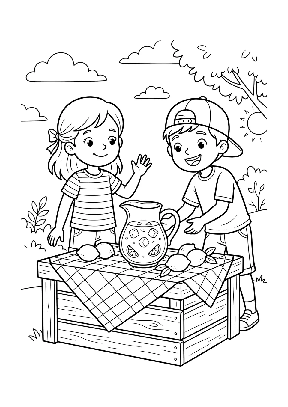 Um desenho em preto e branco para colorir mostrando duas crianças servindo limonada em uma barraca com uma jarra e uma toalha xadrez.