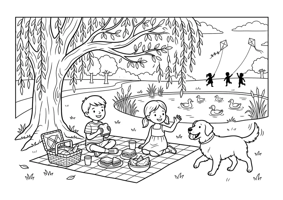 Desenho para colorir em preto e branco mostrando duas crianças fazendo um piquenique sob um salgueiro com um simpático cachorro golden retriever.