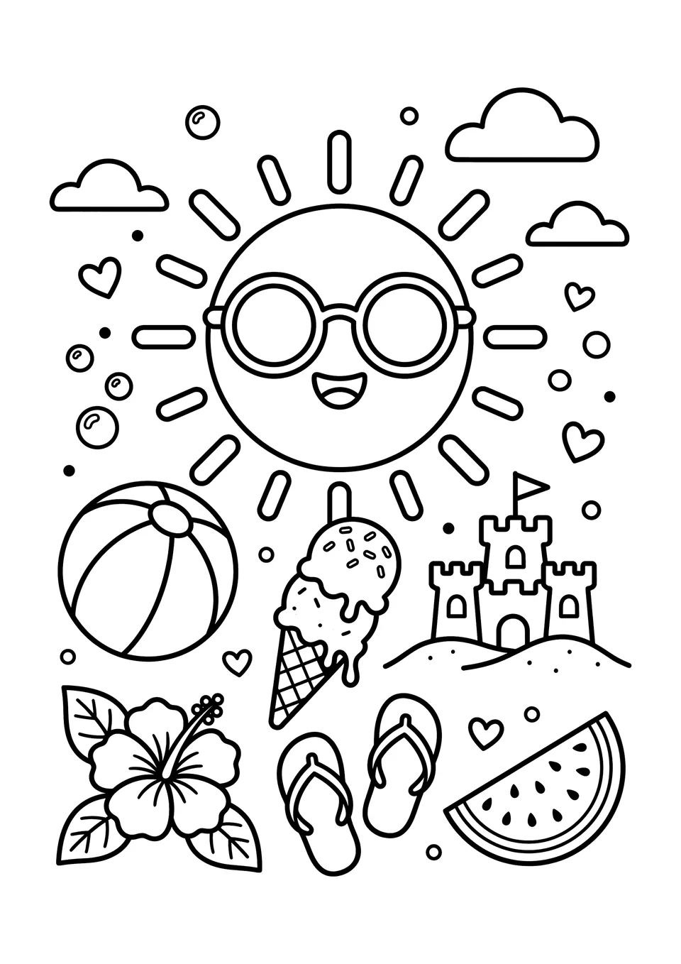 Desenho em preto e branco para colorir infantil com um sol fofo de óculos escuros e elementos temáticos de verão.