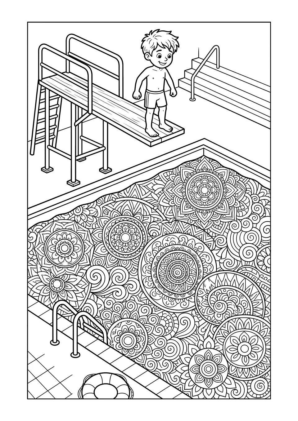 Desenho para colorir com traços em preto e branco mostrando um menino no trampolim alto sobre uma piscina com água em padrão de mandala.
