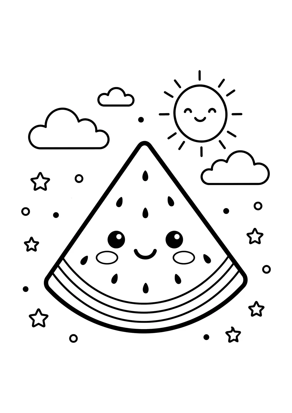 Desenho para colorir em preto e branco em formato vertical, com uma fatia fofa e sorridente de melancia em estilo kawaii com um sol de verão ao fundo.