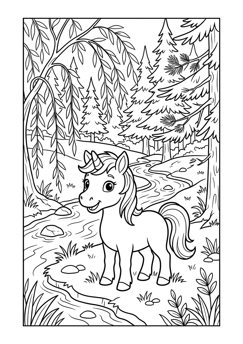 Desenho em preto e branco para colorir de um filhote de unicórnio perto de um riacho em uma clareira mágica na floresta.